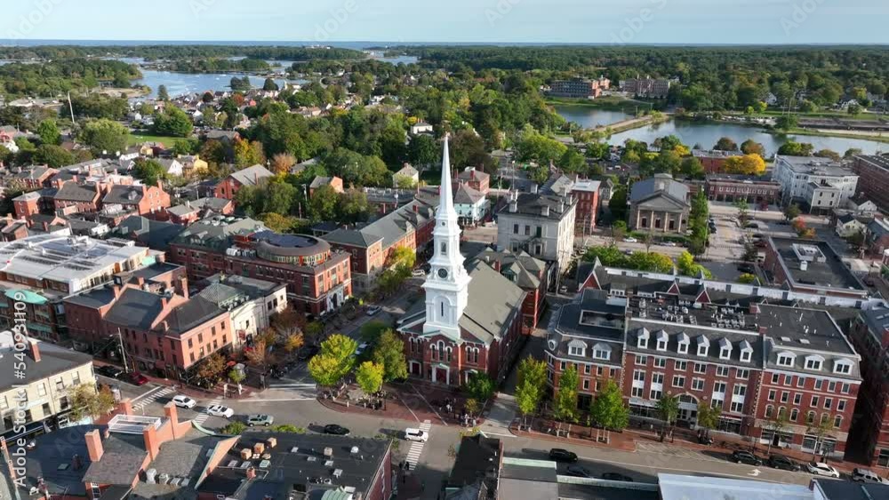 Beautiful Market Square in downtown Portsmouth New Hampshire. New England Colonial historic town on Piscataqua River. Aerial orbit.