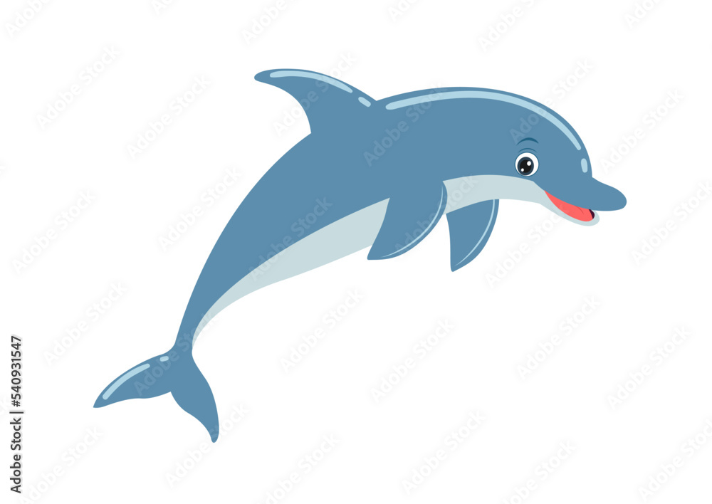 Cute Cartoon Dolphin in flat style. Vector illustration of dolphin isolated on white background Cute Cartoon Dolphin in flat style. Vector illustration of dolphin isolated on white background