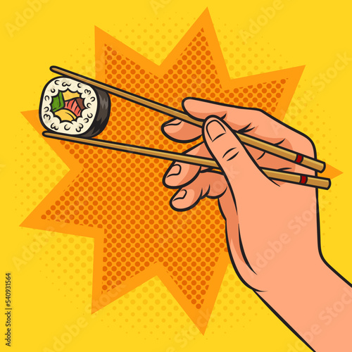 hand holding sushi roll with chopsticks pinup pop art retro vector illustration. Comic book style imitation.