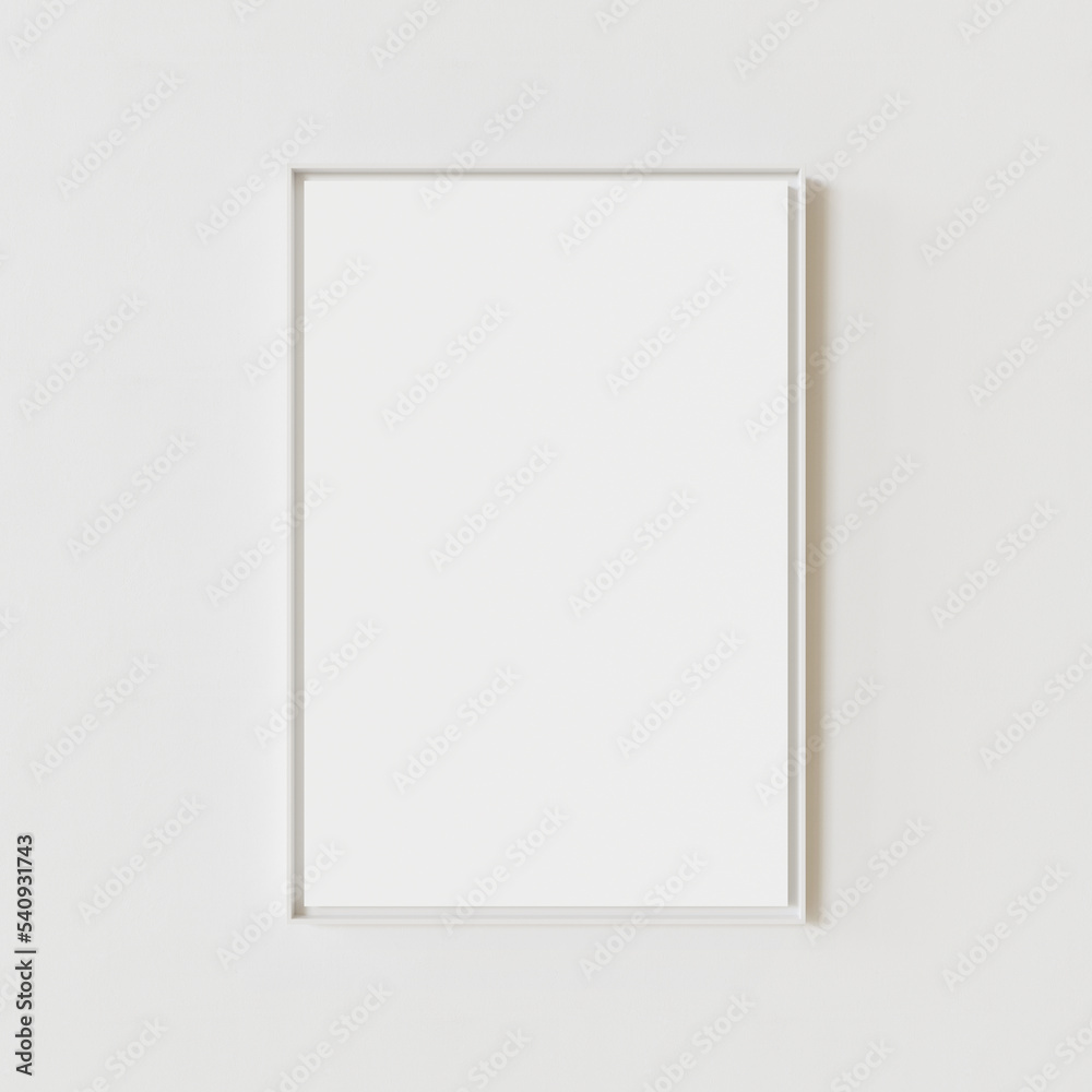 White plastic picture frame hanging on white wall. Blank place. Template for your content. 3D illustration.