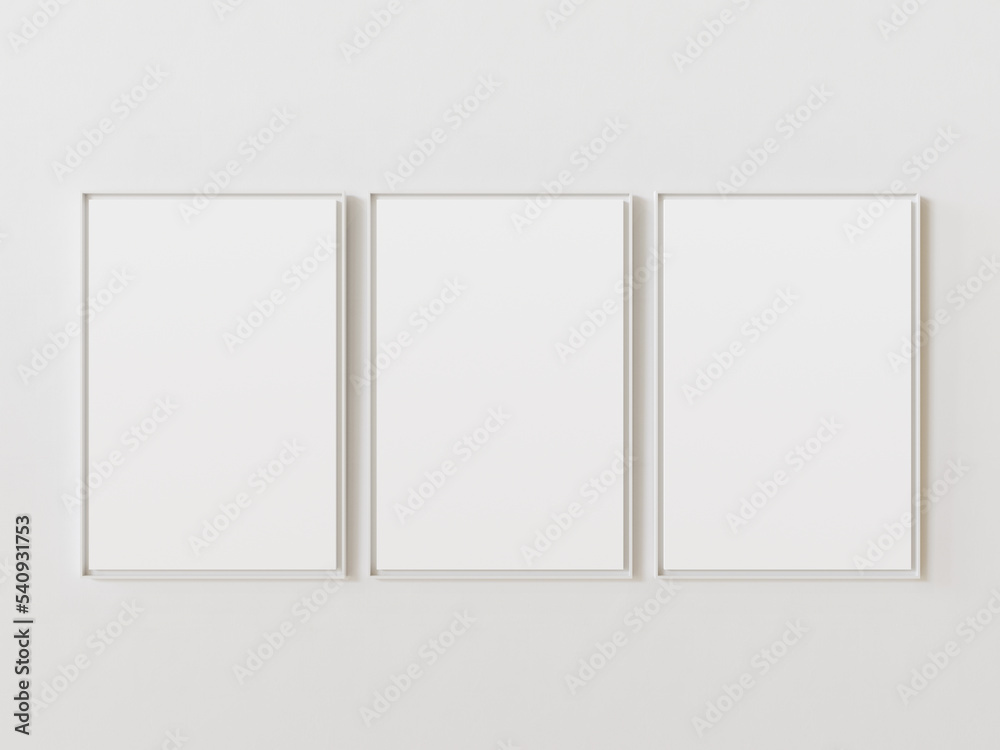 Three blank pictures hanging on white wall in row. White plastic shape border around. Template for your content. 3D illustration. Three blank pictures hanging on white wall in row. White plastic shape border around. Template for your content. 3D illustration.