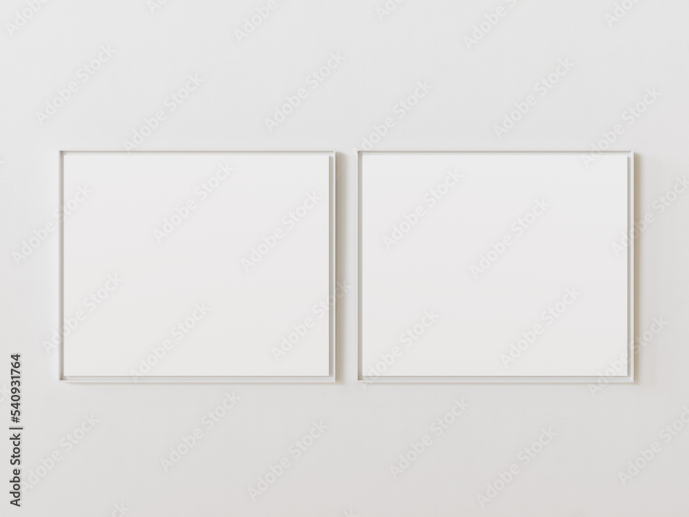 Pair of blank and white framed notice boards on white wall. Template for your content. 3D illustration. Pair of blank and white framed notice boards on white wall. Template for your content. 3D illustration.