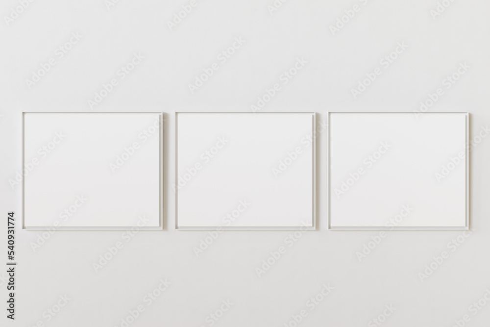 Group of three empty picture frames hanging on white wall at same height. Template for your content. 3D illustration. Group of three empty picture frames hanging on white wall at same height. Template for your content. 3D illustration.