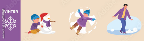 Happy boy playing snow  in winter. Snowman and skating on ice rink. Winter activity set. Vector flat cartoon illustration of outdoor fun activities.