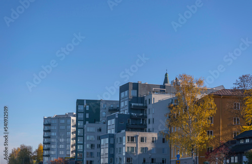 Water front apartment buildings a colorful autumn day in Stockholm