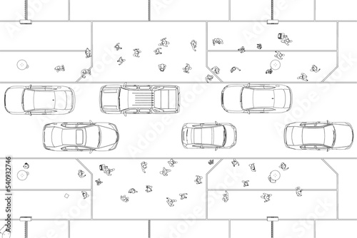 Outline of a busy street with people and cars from black lines isolated on a white background. View from above. 3D. Vector illustration.