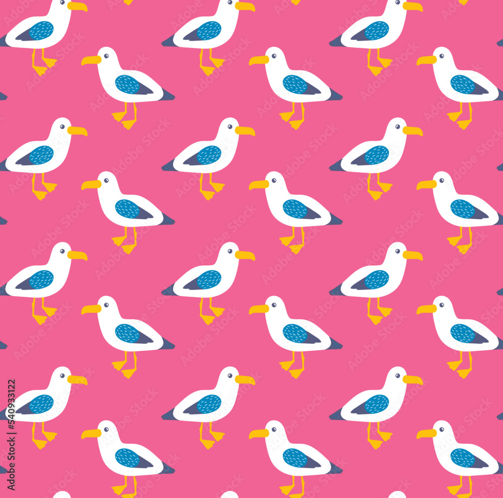 Seagull cute childish flat drawn bird seamless vector pattern. Vector illustration Seagull cute childish flat drawn bird seamless vector pattern. Vector illustration