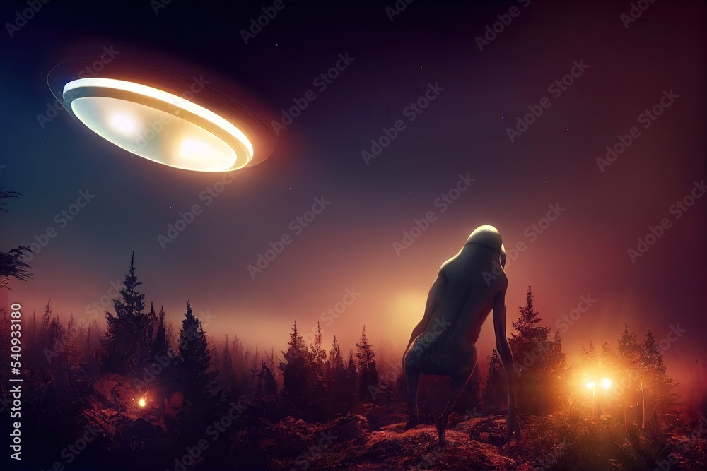 Alien on earth getting off the spaceship. an extraterrestrial life form ...