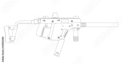 Outline of a military machine gun from black lines isolated on a white background. Side view. Vector illustration.