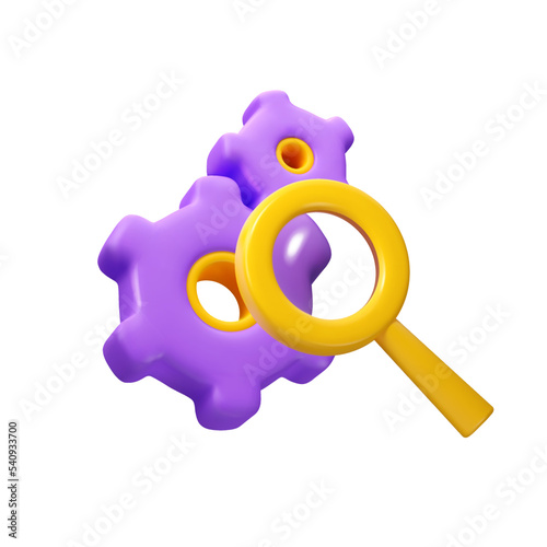 3d icon gear and magnifier. Cog through magnifying glass illustration. Search engine concept