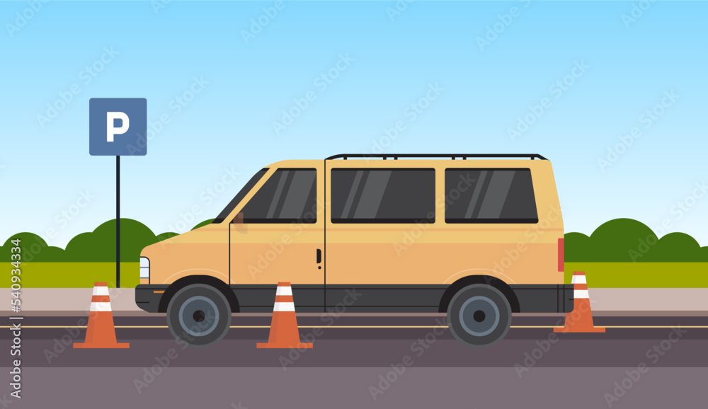 Driver beginner learning and studying behind steering wheel in van concept flat vector illustration.