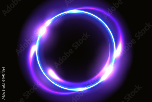 Neon round frame. Fantastic background with glowing circle and shiny space portal into another dimension.