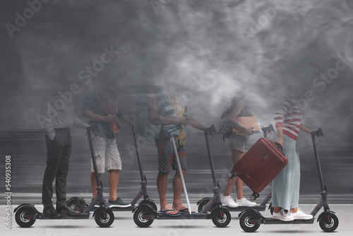 People riding electric scooters in a polluted city