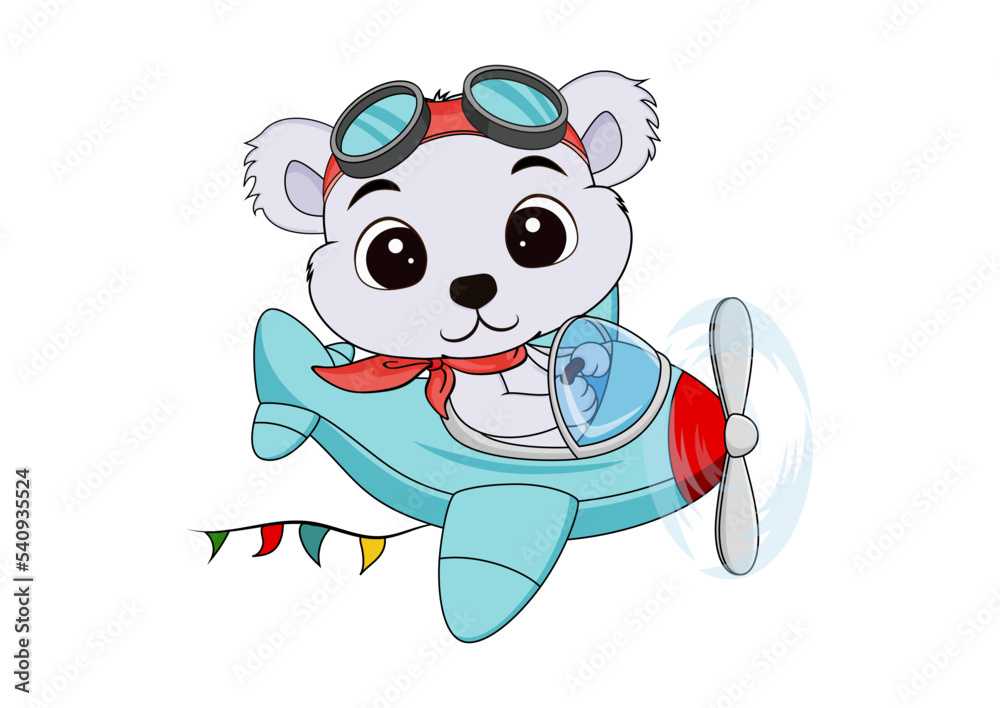 Cute cartoon bear flying on a plane isolated on white background Cute cartoon bear flying on a plane isolated on white background