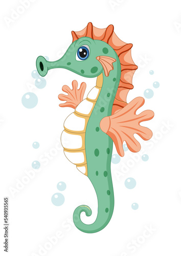 Cute green seahorse Isolated on white background. Vector illustration