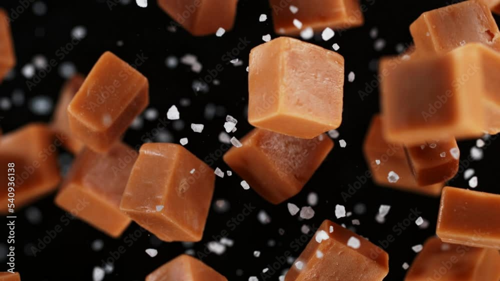 Super Slow Motion Shot of Salted Caramel Explosion Towards Camera Isolated on Black at 1000fps. Super Slow Motion Shot of Salted Caramel Explosion Towards Camera Isolated on Black at 1000fps.