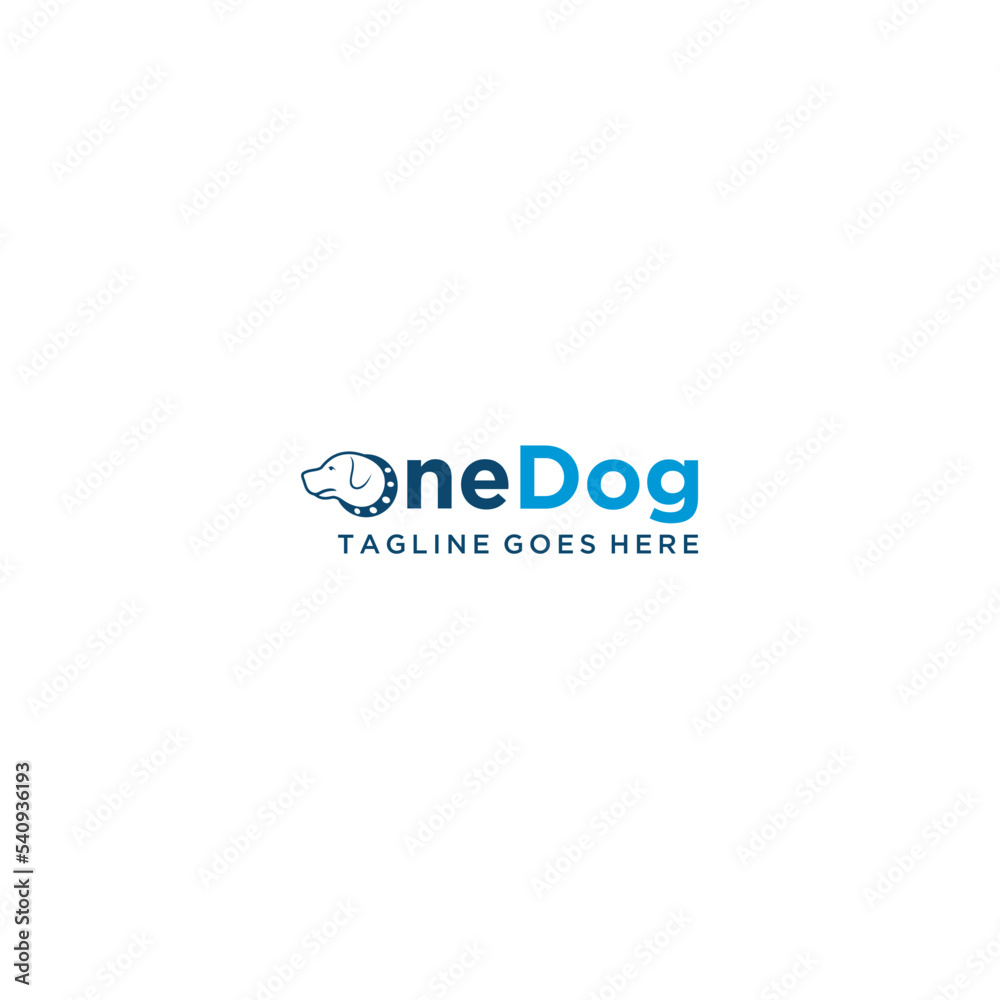 Word mark logo formed dog head in letter O with blue color