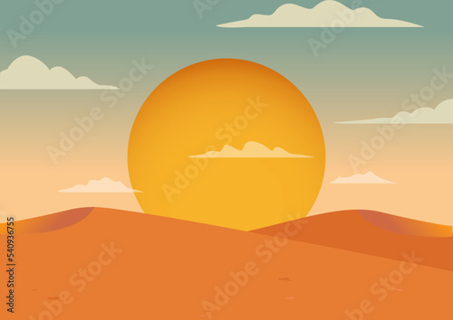 Desert landscape with sunset. Desert area, sand area. Safari. Wild West