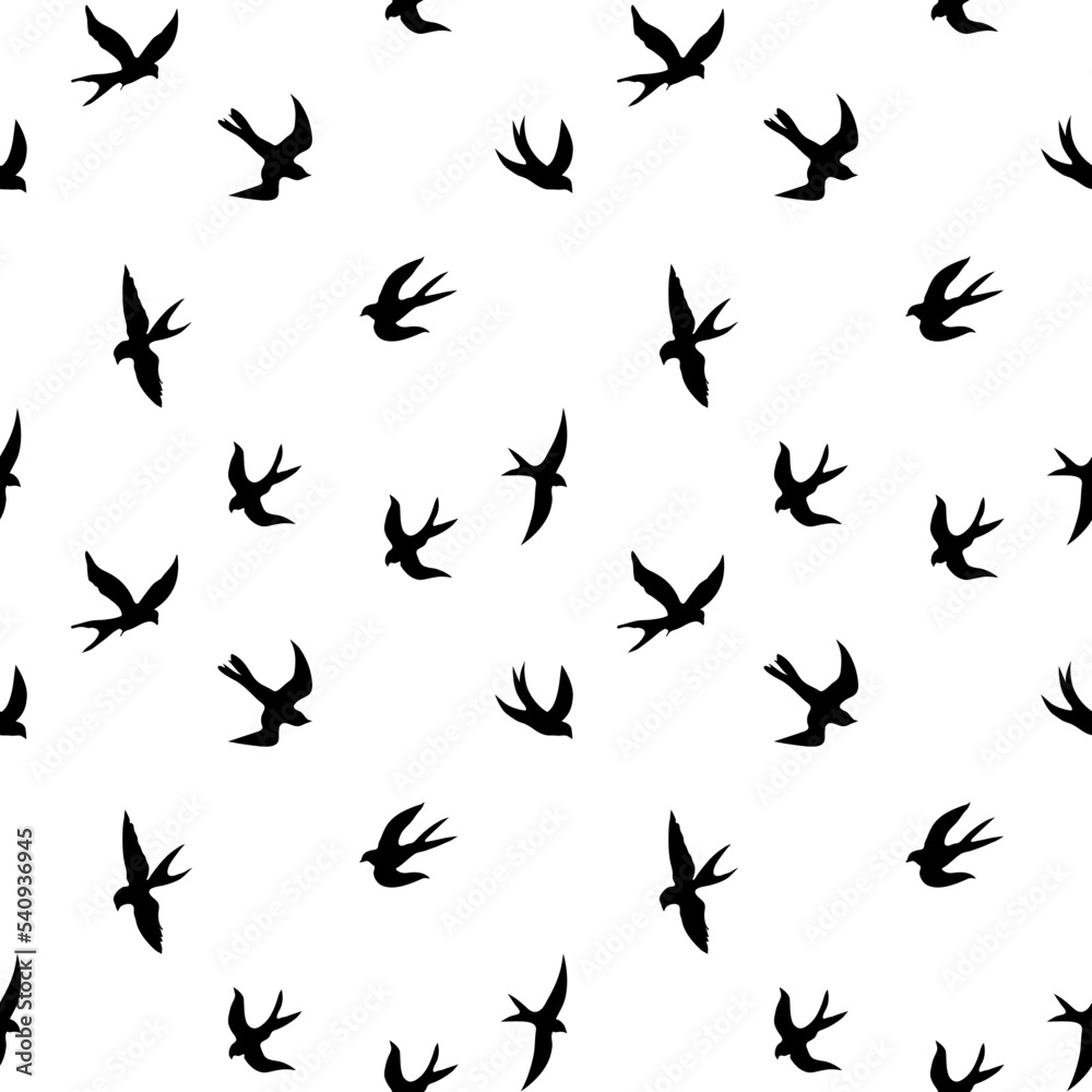 Seamless pattern of black swallows. Black silhouette on a white background. Black contours of flying birds. Flying swallows. vector illustration isolated on white background.