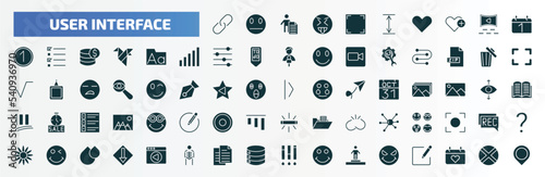 user interface filled icons set. flat icons such as images interface, screen in white, first date, fonts, rubbish, slide right, the of, winking smile, paper work, evil smile glyph icons.