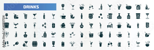 drinks filled icons set. flat icons such as brandy glass, alcohol, juice bottle, wine bottles, coffee bag, armagnac, tea, ham, soda can, toast glyph icons.