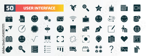 set of 50 filled user interface icons. flat icons such as paper bird, facetime, photo album, joyful smile, perspectives, compose, square root, point at, detective search, add event glyph icons.
