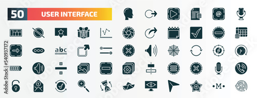 set of 50 filled user interface icons. flat icons such as head, voice recording, multiple variable lines, minus, export, retweet, division, side menu, envelope, vigilance glyph icons.