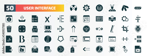 set of 50 filled user interface icons. flat icons such as indicators, 3d bars, left side alignment, wheels, hall, italics, numbering, accounts, window back button, slim left glyph icons.