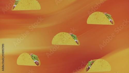 This stock motion graphics video is looping  clip of photorealistic tacos gently falling against a waving orange gradient background  in seamless loops.