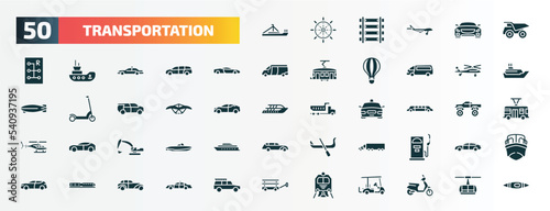set of 50 filled transportation icons. flat icons such as pt boat, haul, sport car, military helicopter, hang glider, limousine, excavators, eighteen-wheeler, monorail, train front glyph icons.
