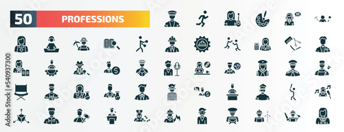 set of 50 filled professions icons. flat icons such as taxi driver, archeologist, boxer, barber, accountant, policewoman, chemist, software developer, surgeon, actor glyph icons.