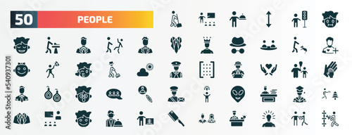 set of 50 filled people icons. flat icons such as sweeping person, sick smile, bestman, dog trainer, farmer working, heart in hands, surprised smile, alien smile, classes, woman and man partners