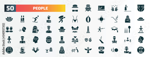 set of 50 filled people icons. flat icons such as elegant, baby diaper, burden, kidnapping, muslim man, students graduation hat, psychology, walking downstairs, mexican woman, grace glyph icons.