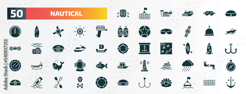 set of 50 filled nautical icons. flat icons such as rubber raft, prawn facing left, boat engine, boat bell, facing right, one kayak, whale, yatch, message in a bottle, fishing hook glyph icons.