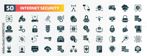 set of 50 filled internet security icons. flat icons such as wireless connection, network, network optimization, passkey, sql, ssl, phone cable, processor, facial recognition, mobile phone security