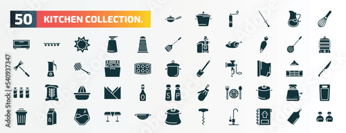 set of 50 filled kitchen collection. icons. flat icons such as skillet, beater, grater, skimmer, dishwasher, aluminum foil, squeezer, dinner, milk, corkscrew glyph icons.