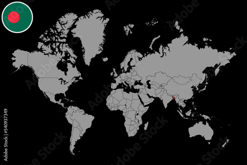 Pin map with Bangladesh flag on world map. Vector illustration.