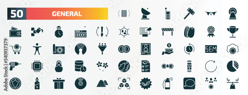 set of 50 filled general icons. flat icons such as smart contract, mri scanner, history brush, win, open source, rewind time, matryoshka, binocular, massage oil, go green badge glyph icons.