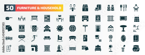 set of 50 filled furniture & household icons. flat icons such as glassware, office chair, dining room, microwave, pet house, canopy bed, bidet, towel, double door, linens glyph icons.