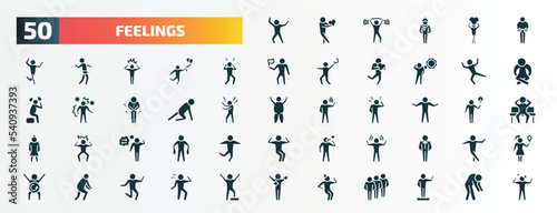 set of 50 filled feelings icons. flat icons such as happy human, guilty human, shocked human, relieved ready confident lost amazed disappointed anxious glyph icons.
