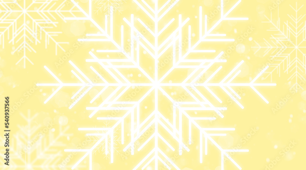 Large white snowflake on a light yellow banner with copy space and highlights. Christmas banner with copy space.Beautiful gentle color.