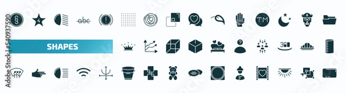 set of 40 filled shapes icons. flat icons such as paragraph, dot square, gauntlet, royalty, character, windshield defrost, empty bucket, mongolian, dome light, rounded rectangle glyph icons.