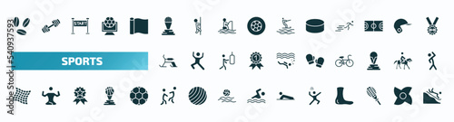 set of 40 filled sports icons. flat icons such as brazilian, golf champion, hockey puck, skibob, boxing glove, fishing net, aikido, volleyball motion, squash, snow slide zone glyph icons.