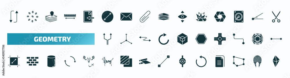 set of 40 filled geometry icons. flat icons such as flip, diameter, explode, parallel, octagon, dimensions, polygonal dog, rotate, polygon, octahedron glyph icons. set of 40 filled geometry icons. flat icons such as flip, diameter, explode, parallel, octagon, dimensions, polygonal dog, rotate, polygon, octahedron glyph icons.