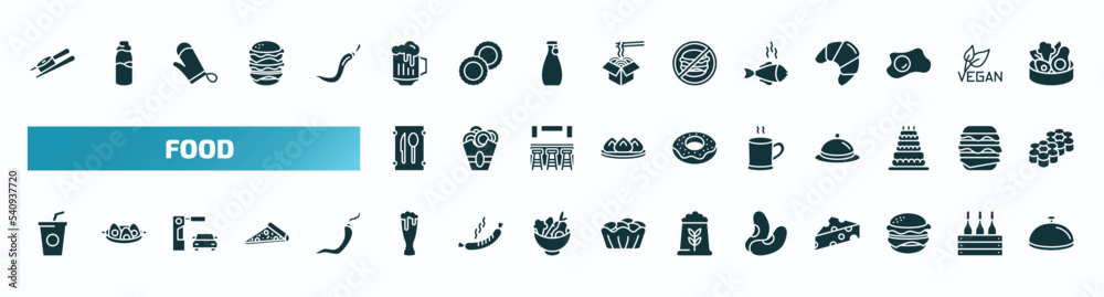 set of 40 filled food icons. flat icons such as sushi and chopsticks, jar of beer, cooked fish, restaurant, warm black mug, drinking, pint, bean, burguer, salver glyph icons.