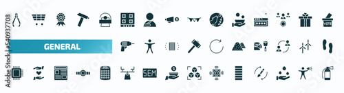 set of 40 filled general icons. flat icons such as nippers, hob, poverty, perforator, sand, patch crop, balancer, stepladder, save water badge, fire estinguisher glyph icons.