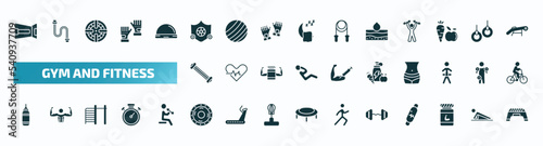 set of 40 filled gym and fitness icons. flat icons such as lumbar belt, elevation mask, hydratation, arms extender, fitness food, boxing bag, weight drive, dumbbells bar, phytonutrients, fitness