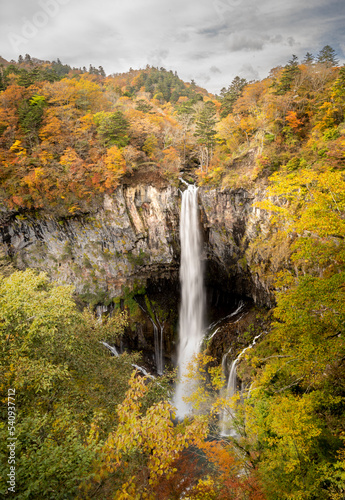 Colorful majestic waterfall in national park forest during autumn nature Photography.Landscape view national nature park Nikko Japan. Beautiful place © Dinusha