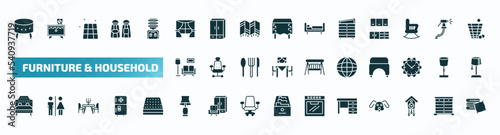set of 40 filled furniture & household icons. flat icons such as footstool, window, davenport, living room, globe, headboard, table lamp, desk, cuckoo clock, linens glyph icons.