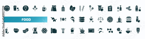 set of 40 filled food icons. flat icons such as calories, pack, healthy shakes, fortune cookie, scale balanced tool, fresh smoothie, wrapping, shrimps, time to have a break, boiler glyph icons.